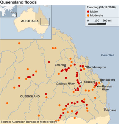 Queensland flooding map (by Lyndal McFarland, The Wall Street Journal, 