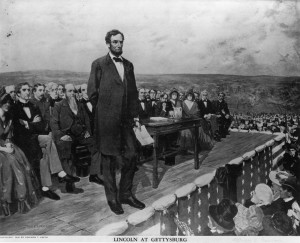 November 19, 1863: Abraham Lincoln, the 16th President of the United States of America, making his famous 'Gettysburg Address' speech at the dedication of the Gettysburg National Cemetery during the American Civil War. Original Artwork: Painting by Fletcher C Ransom (Library Of Congress/Getty Images)