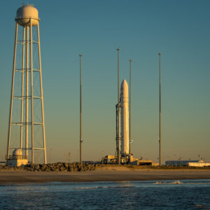 An Orbital Sciences Corporation Antares rocket is seen on launch Pad-0A during sunrise at NASA's Wallops Flight Facility on Wallops Island, Va., on Jan. 8, 2014 after its planned launch was delayed a day due to solar radiation concerns from a huge solar flare.
