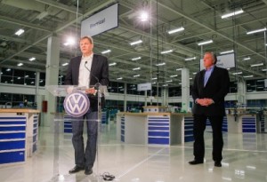 Frank Fischer, the chairman and CEO of the Volkswagen plant in Tennessee, left, and Gary Casteel, a regional director for the United Auto Workers, hold a press conference at the Chattanooga, Tenn., facility on Friday, Feb. 14, 2014, after an announcement that workers at the plant rejected representation of the union. (AP Photo/Erik Schelzig)