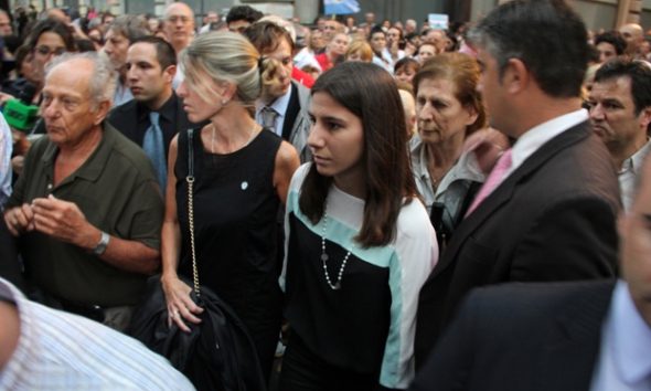 Alberto Nisman's mother, Sara Ganfurkel and former wife, Sandra Arroyo Salgado, with her two daughters Iara and Kala, join a silent march to pay tribute to the late AMIA prosecutor
