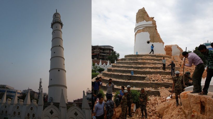 A side-by-side look at Kathmandu 's landmark Bhimsen tower, before and after it was damaged in Saturday's earthquake in Kathmandu, Nepal. (Photo: AP) 