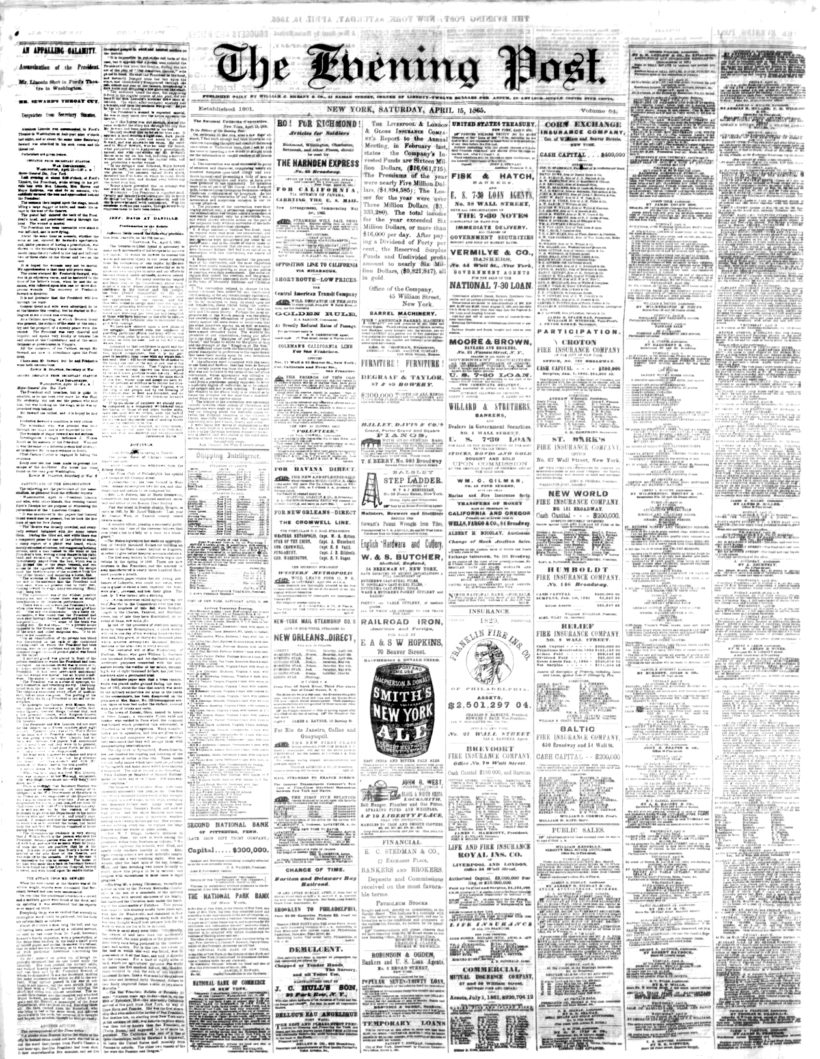 The New York Post — previously “The Evening Post” — Front page from April 15, 1865. 