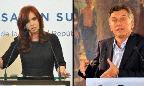 Argentina's Peronist President Kirchner (right) and opposition candidate, president-elect Mauricio Macri (right).