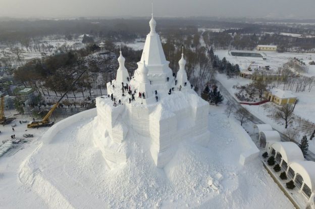 This large sculpture began to take shape in December as workers carved it out of the ice.