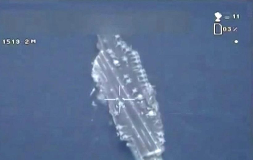 This still image made from video broadcast on Iranian State television Friday, Jan. 29, 2016 shows what purports to be drone footage of a U.S. aircraft carrier. Iran flew a surveillance drone over a U.S. aircraft carrier and took "precise" photographs of it as part of an ongoing naval drill, state media reported Friday. The U.S. Navy said an unarmed Iranian drone flew near a French and American carrier earlier this month, but couldn't confirm it was the same incident.(Iranian State Television via AP) IRAN OUT 