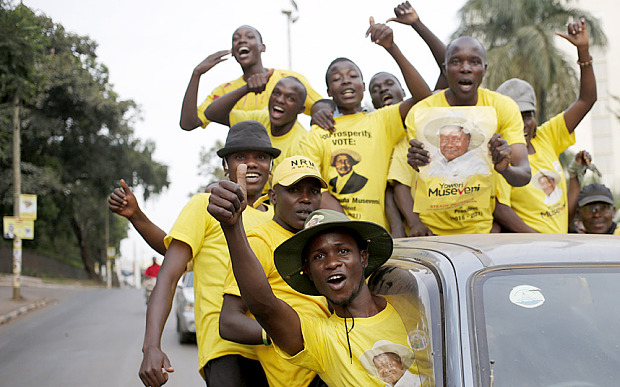 Supporters of Ugandan President Museveni celebrate his election victory in Kampala.