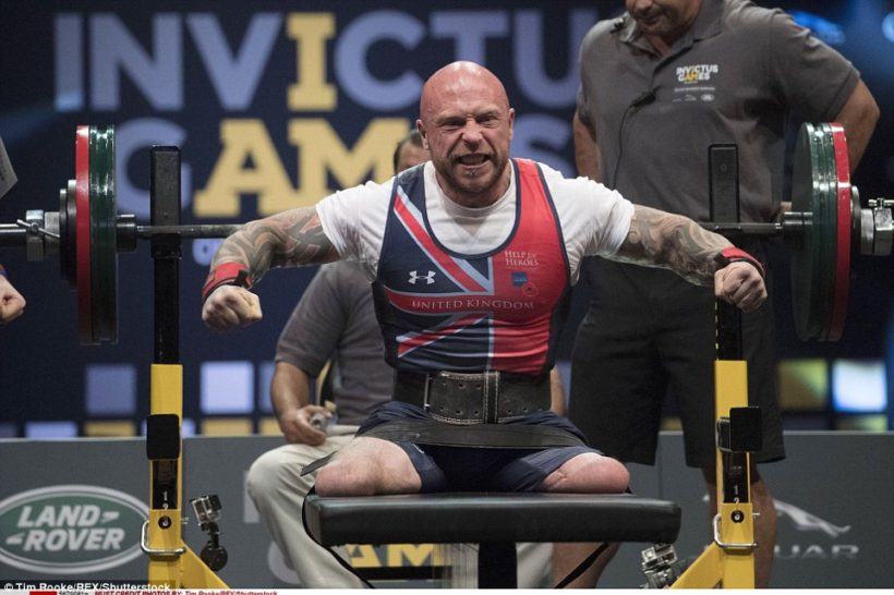 Power lifter Michael Yule, who lost both legs to a Taliban bomb in Afghanistan, as he lifted 418.9 pounds to win the first gold medal for Britain.