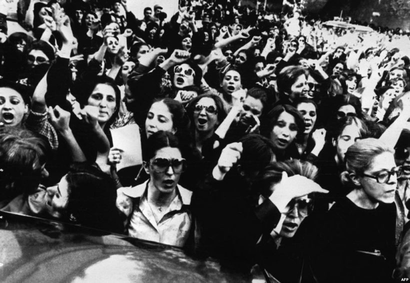 Hundreds of Iranian woman demonstrate in front of presidential office against the clergy order for all Iranian female employees of government offices to put on veils at work, in Tehran, July 5, 1980.