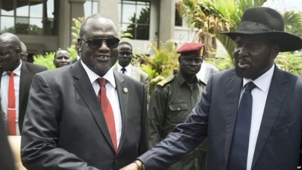 Undated photo of South Sudanese president Salva Kiir, right, with former vice-president Riek Machar (VOA)