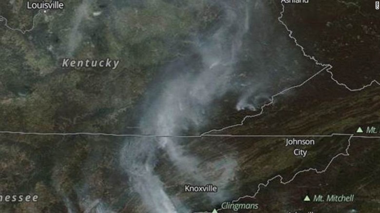 A NASA satellite image shows smoke from wildfires in Kentucky, North Carolina, Tennessee and Virginia.