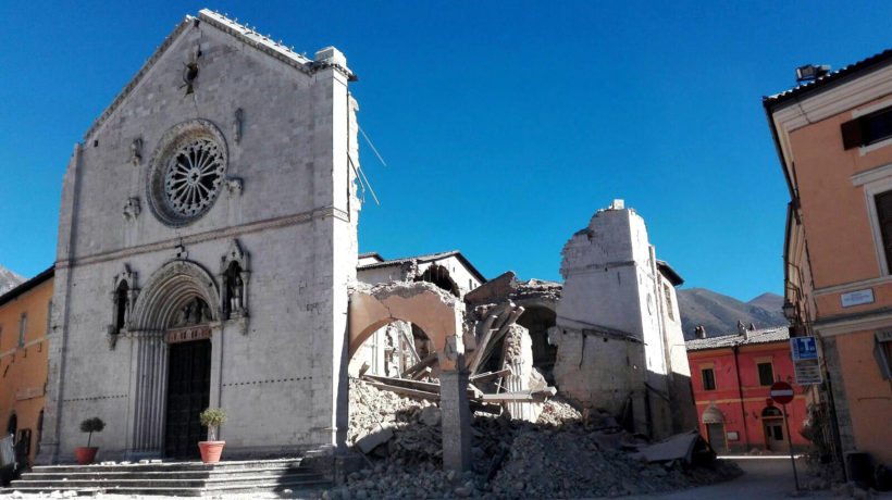 The facade remains standing on the ruined St. Benedict Basilica in Norcia after a magnitude 6.6 earthquake struck central Italy on Sunday morning. (Matteo Guidelli / ANSA)