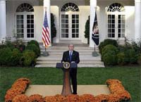 President Bush delivers remarks on the economy in the Rose Garden of the White House in Washington, Tuesday, Oct. 14, 2008. (AP Photo/Susan Walsh)