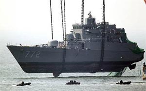 Wreckage of the South Korean naval ship Cheonan is salvaged by a giant offshore crane.