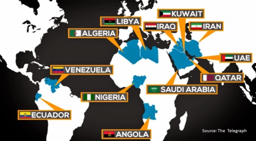 The Organization of the Petroleum Exporting Countries (OPEC) was created at the Baghdad Conference in September, 1960, by Iran, Iraq, Kuwait, Saudi Arabia and Venezuela. OPEC is now a group of thirteen countries located in the Middle East, Africa and South America. [Note: Gabon is not identified on this map. Gabon terminated its membership in January 1995. However, it rejoined the Organization in July 2016.]